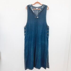 VTG HAIKS Womens Denim Maxi Dress XL Nautical Lighthouse‎ Painted 90s Coastal